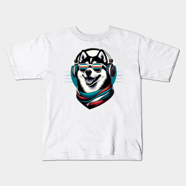 Karelian Bear Dog Smiling DJ with Headphones and Sunglasses Kids T-Shirt by ArtRUs